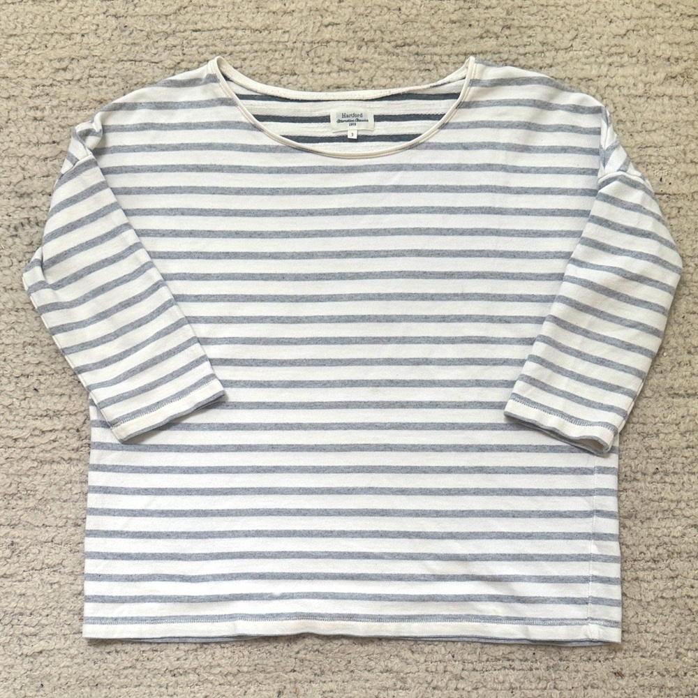 Hartford White & Light Blue Striped Long Sleeve Sz. 2 (M) 3/4 sleeves